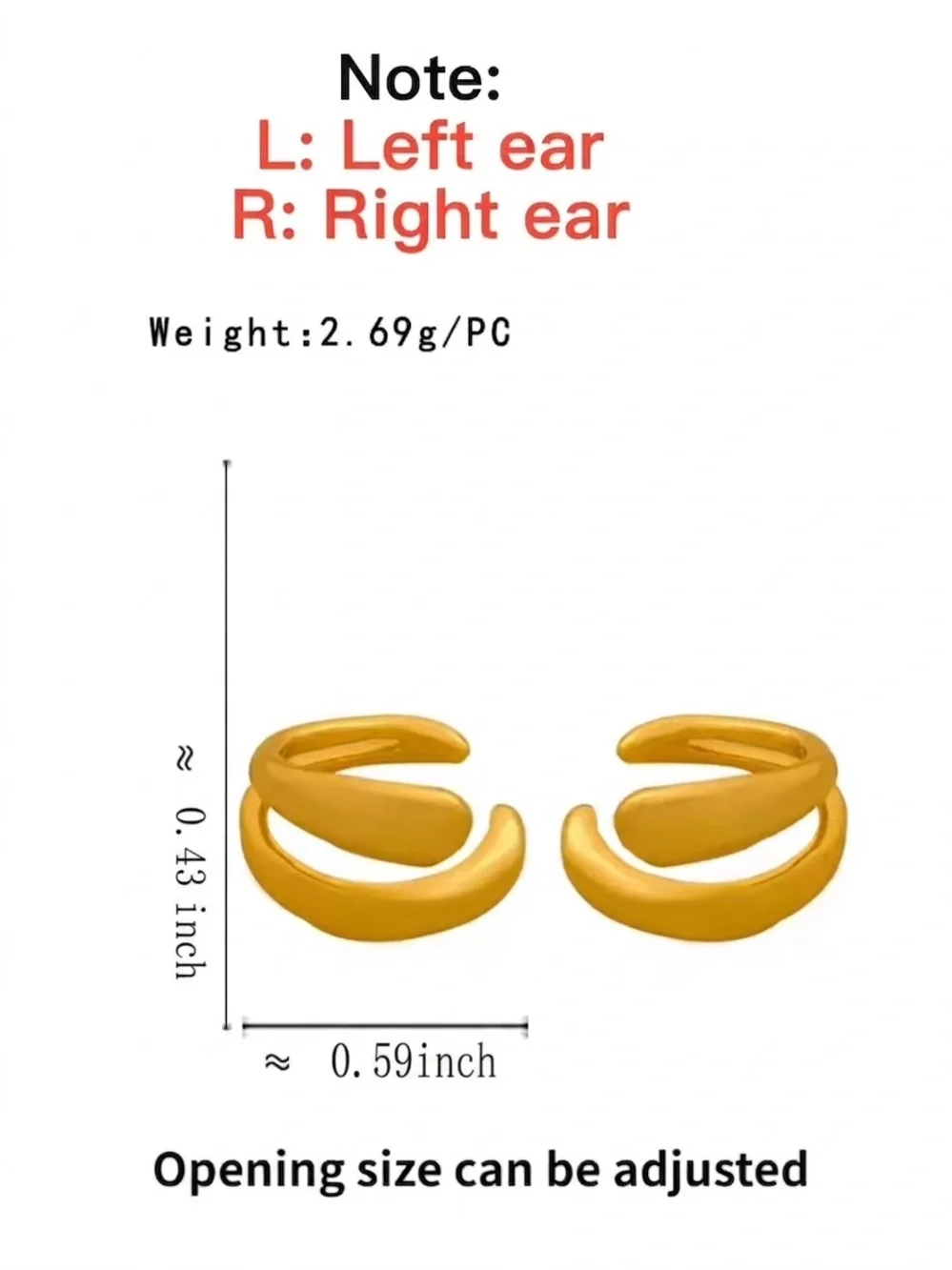 Gold Curve Right Ear Cuff Double-Loop Women’s Jewelry Chunky Earring Trendy Hoop